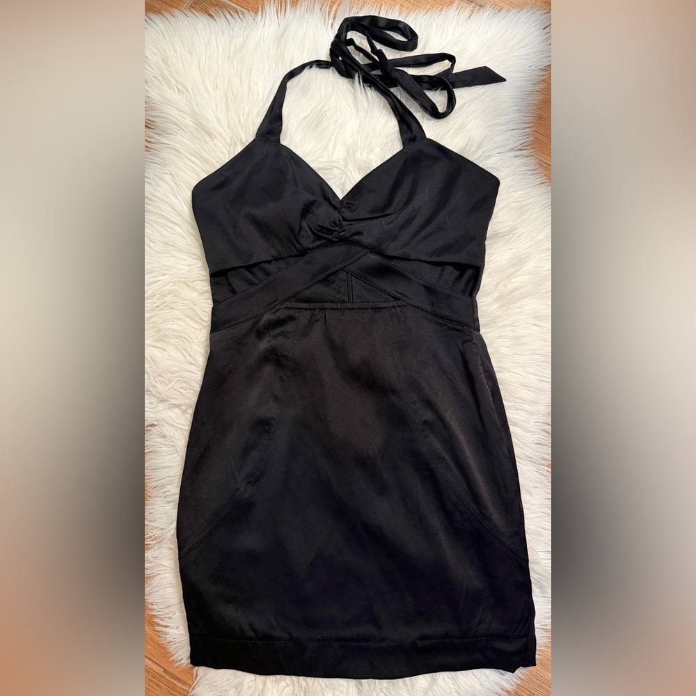 Marciano Front Cutout Sweetheart Halter Top Mini Satin Black Dress